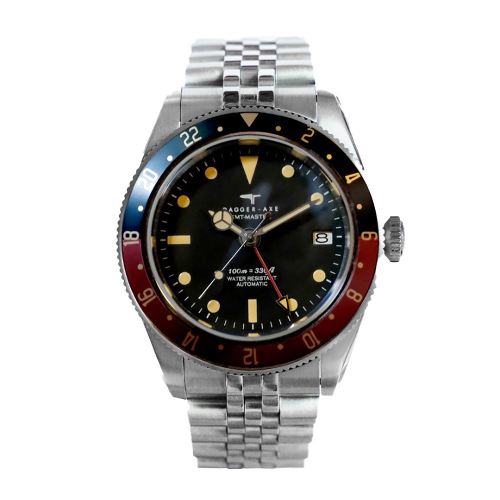 Dagger Axe Voyager Automatic GMT Steel Black Date Red Blue Men’s Watch