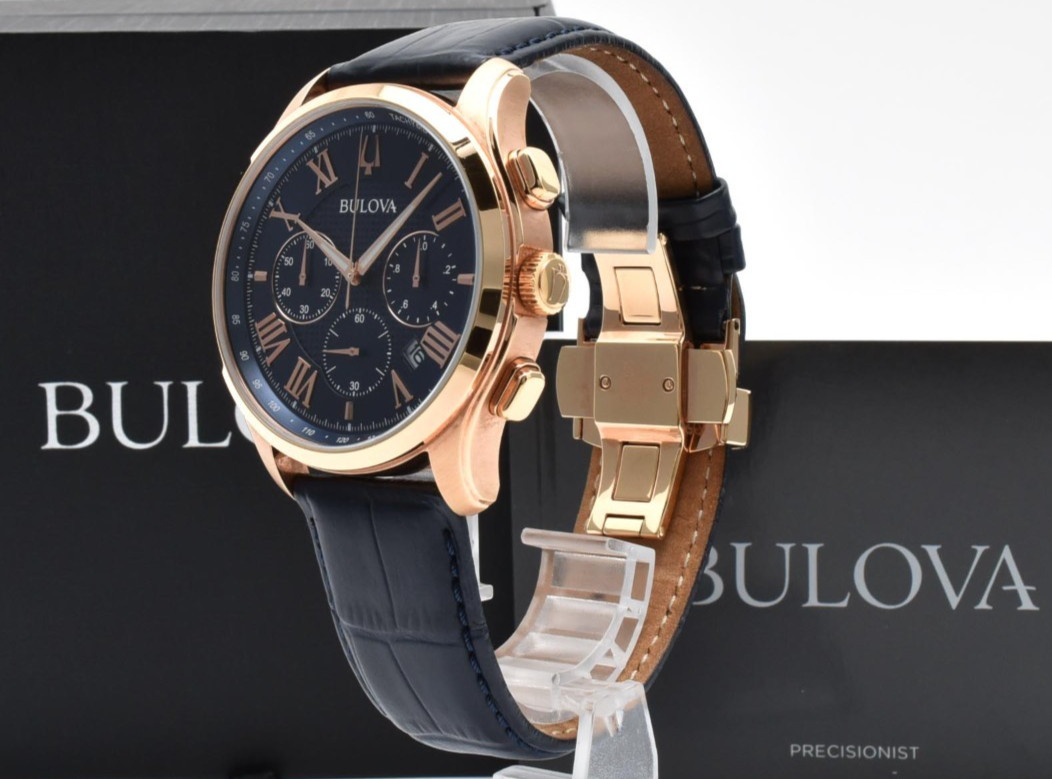 【w/Box】 Bulova Wilton 97B170 Classic Chronograph Rose Gold Blue Dial Men’s Watch