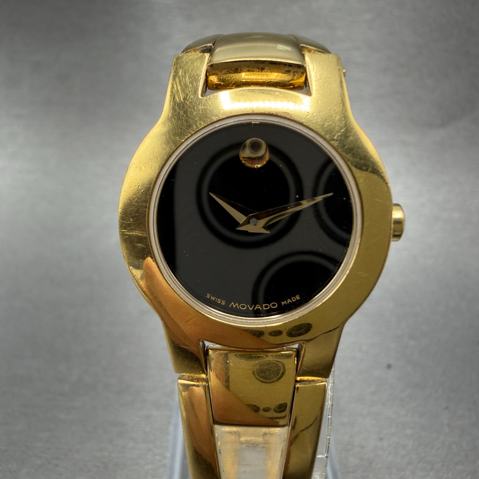 Movado Amorosa Watch Women 24mm Black Dial Gold Tone Round 88 E4 1842 New Batt H