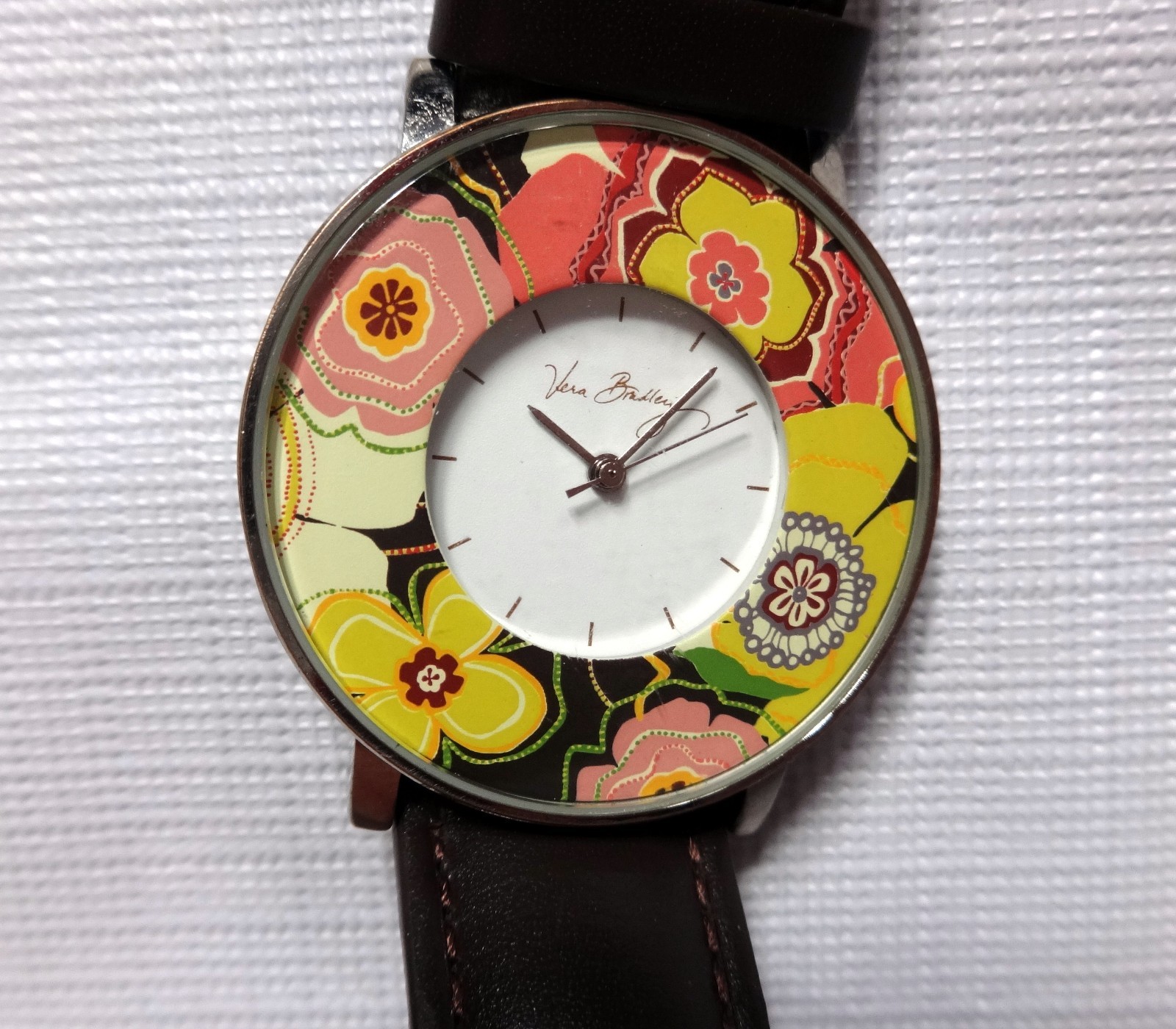 Vera Bradley Buttercup Wristwatch Dark Brown Leather Band New Battery