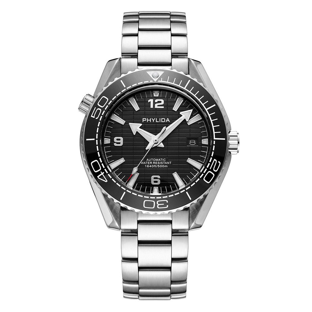 PHYLIDA 43.5mm Men Automatic Diver Watch 500m Sapphire Black Dial NH35A Durable