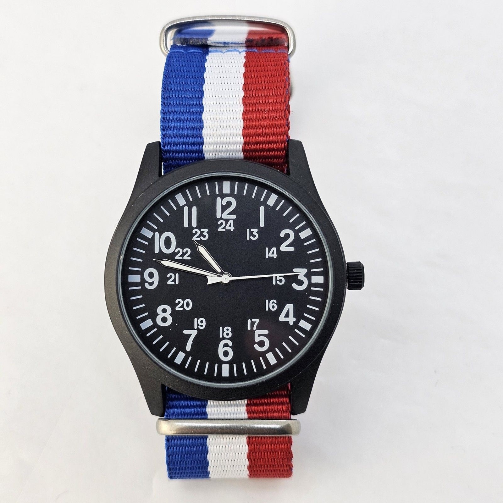 Field Men’s Watch 42MM Black Dial Black Case Blue White Red Canvas Band Strap