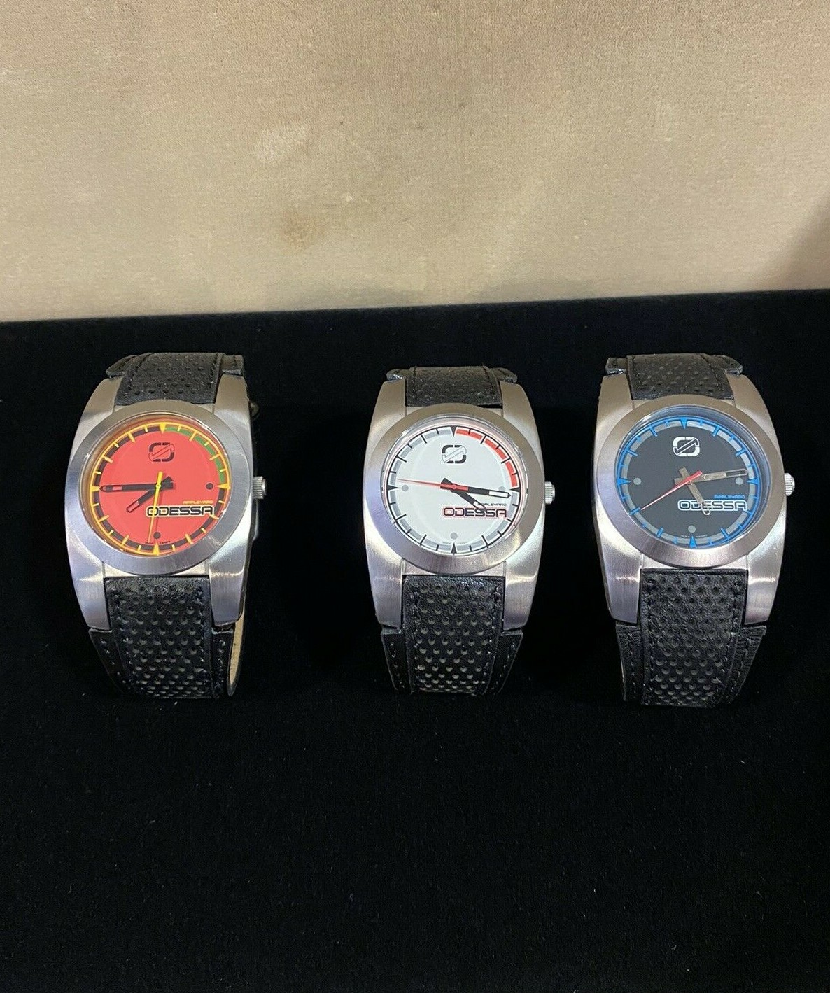 ODESSA Skater Sports Orange/Red Blue & White Face Black Leather Watch LOT of 3