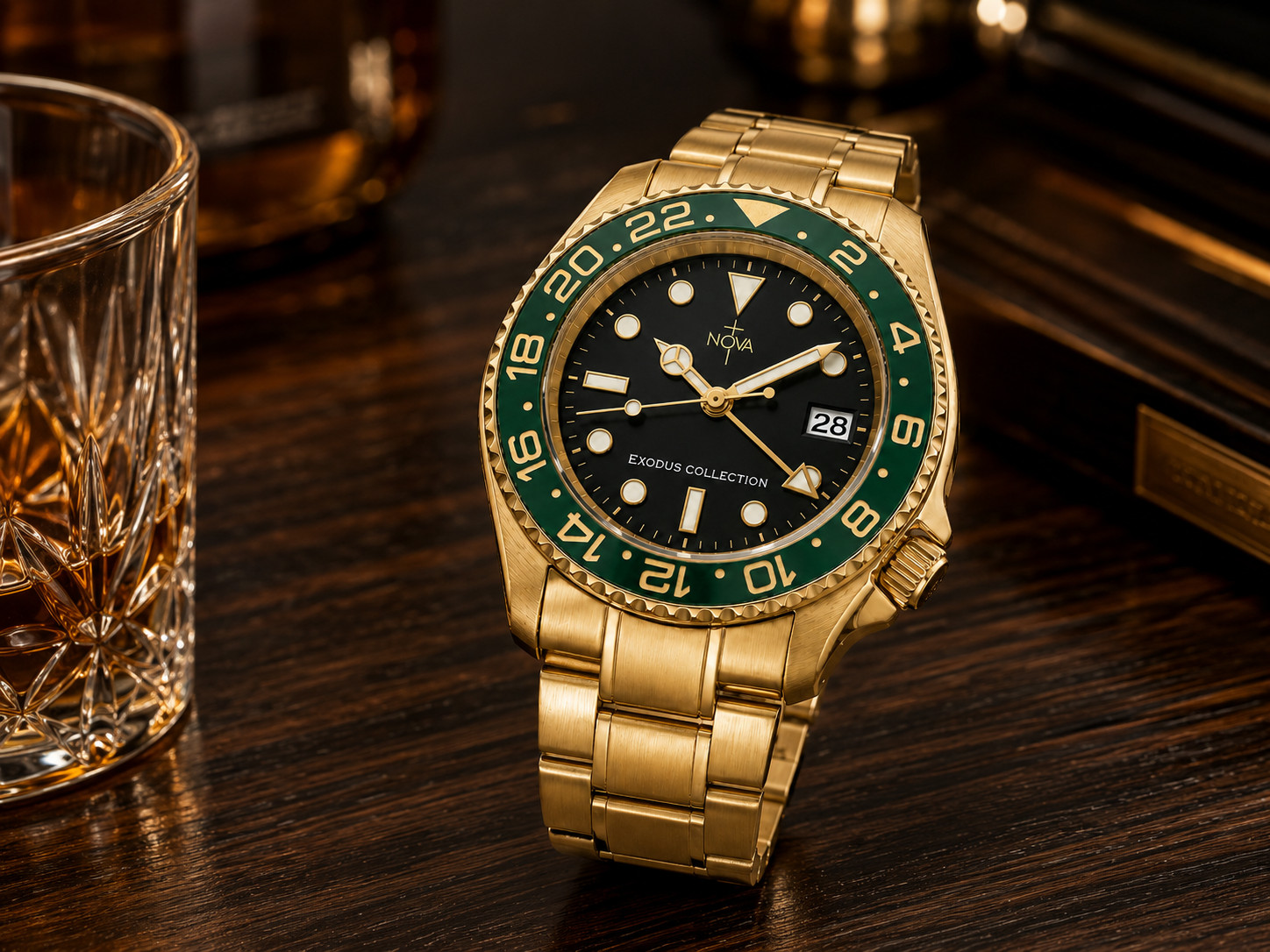 Nova Christian Exodus Custom Watch Gold Black Dial Green 24 Hour Bezel