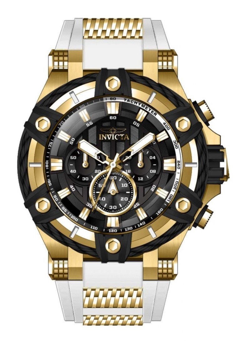 Invicta Men’s Quartz Chronograph Tachymeter Black Dial 52mm White Strap Box