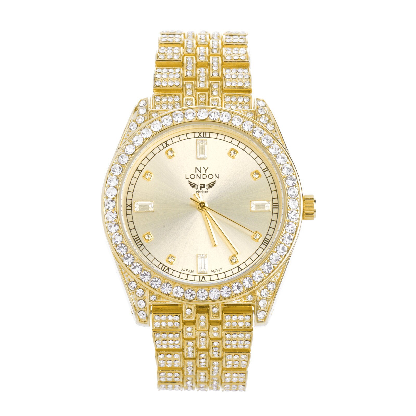 Mens Gold Plated NY London Platinum Iced Out CZ Metal Band Watch Hip Hop WM1586G