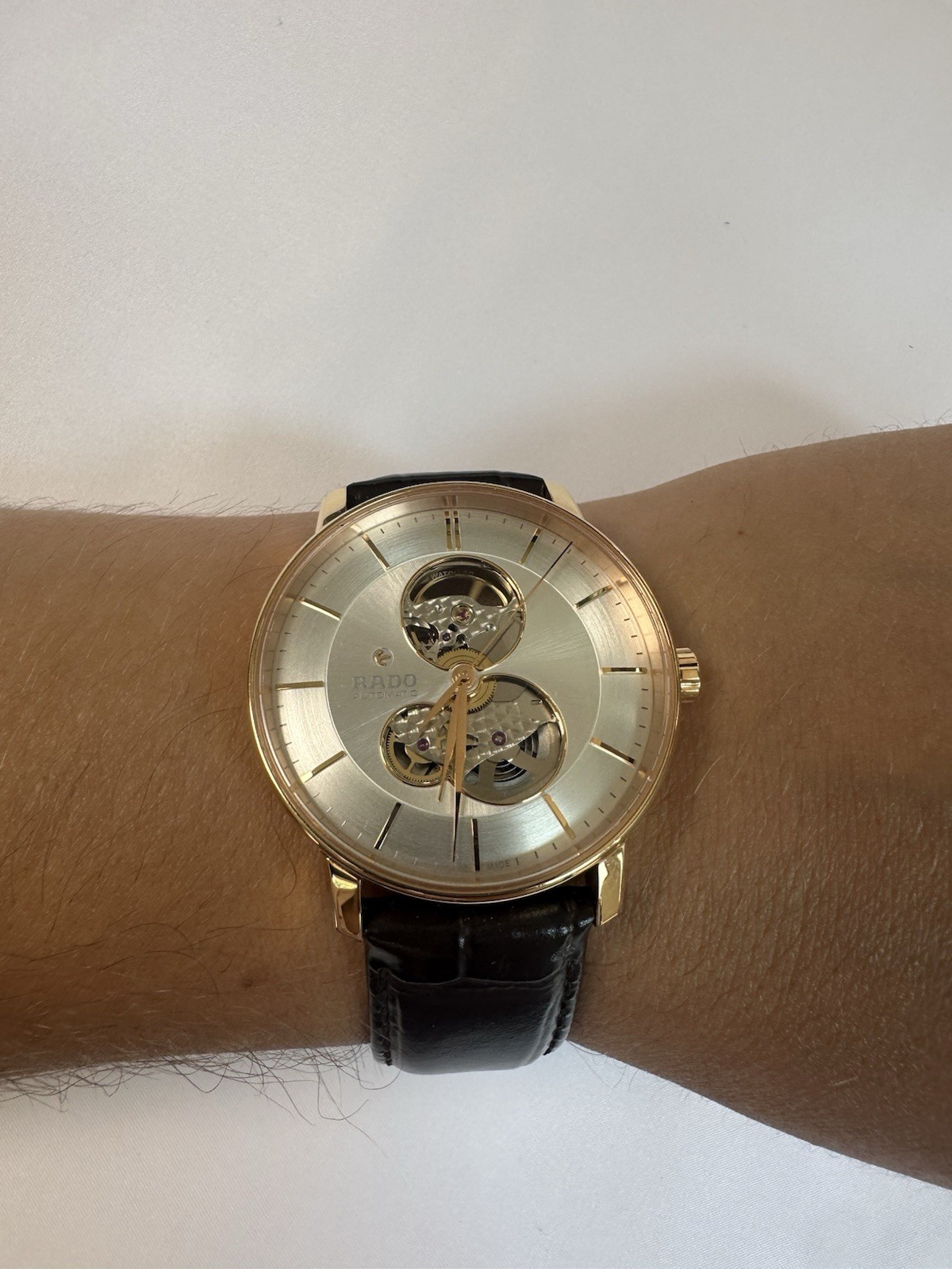 Rado Coupole Skeleton Dial Automatic Gold Tone Case Black Leather 41mm Box