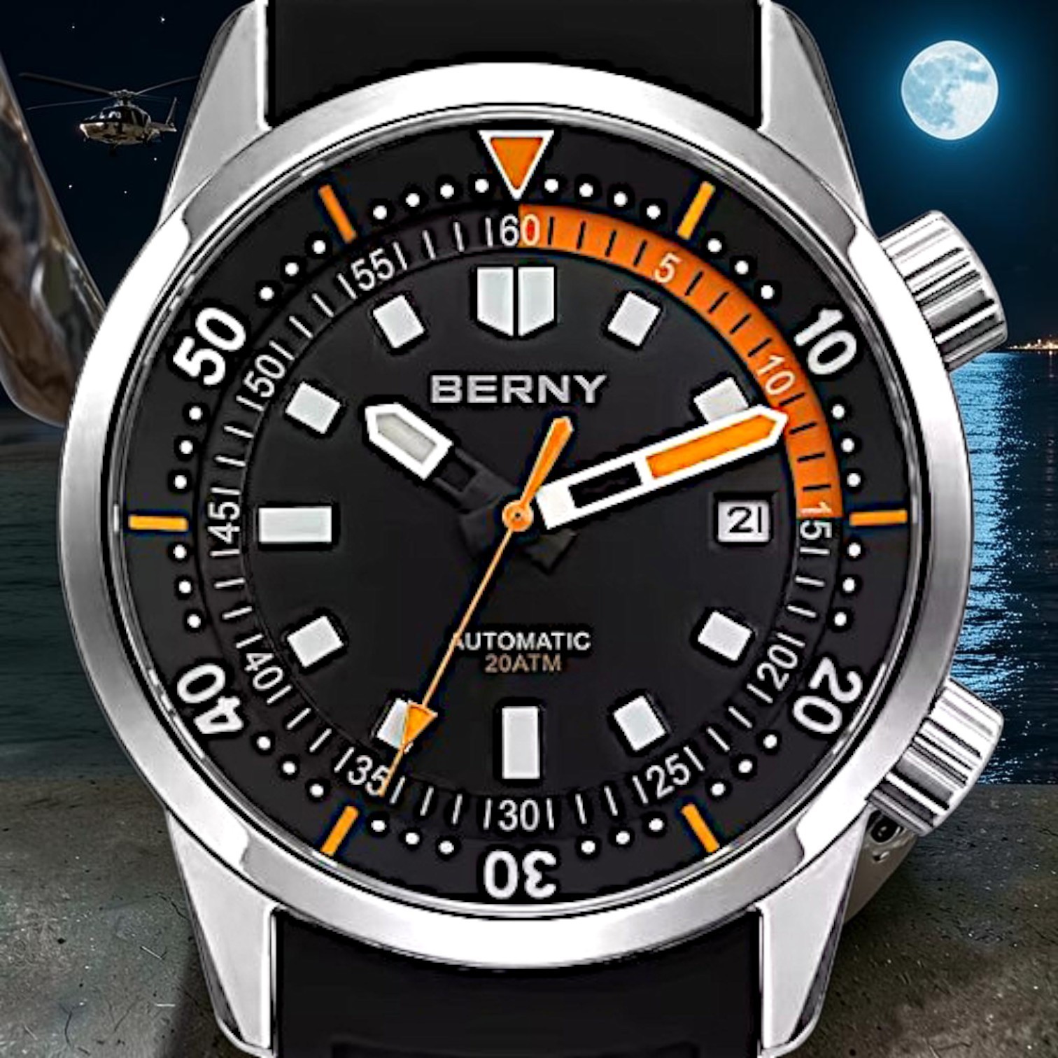 BERNY Automatic Diver Watch 41.5mm for Men 200M Waterproof Miyota 8215 movement