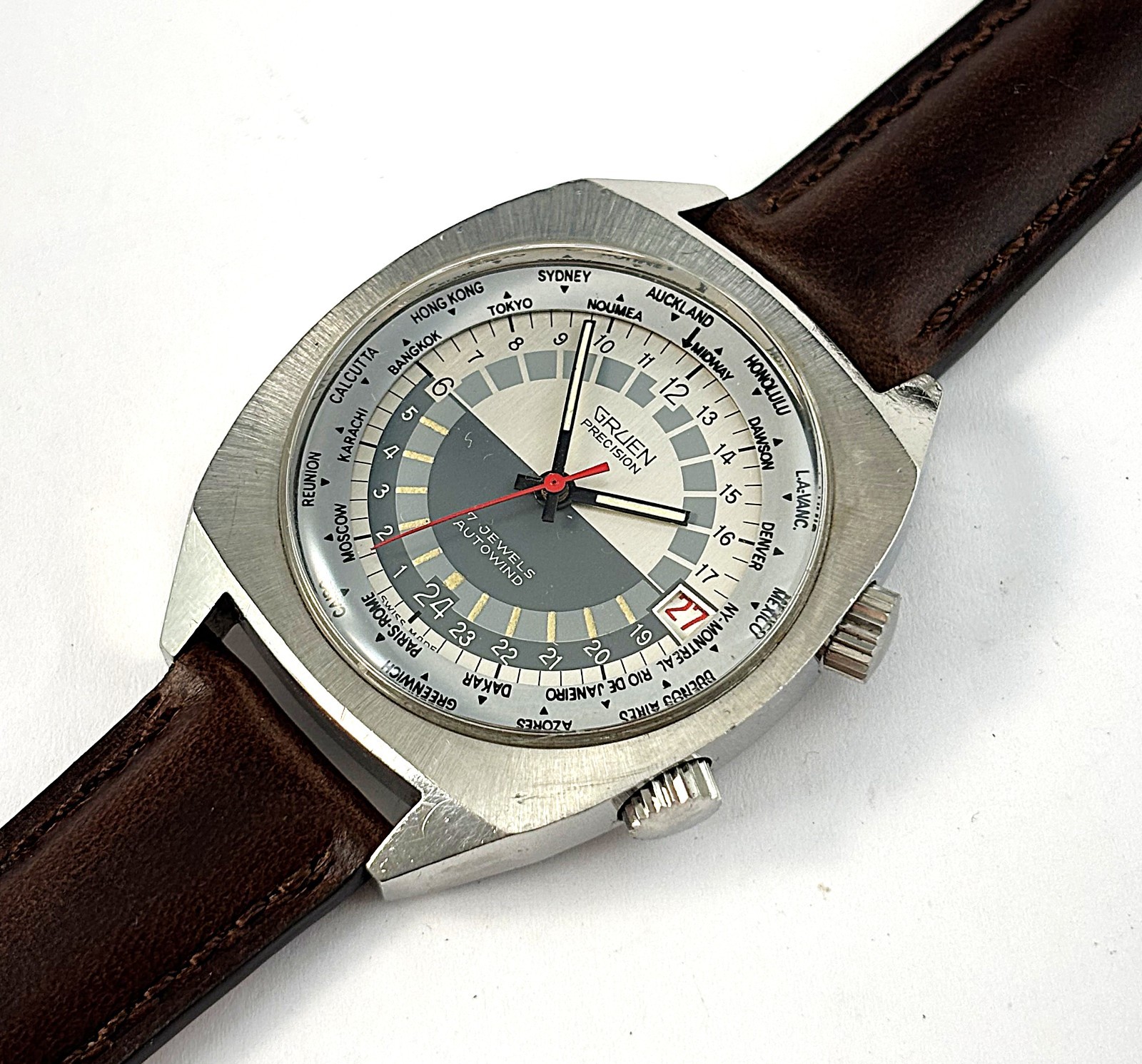 Vintage Gruen Automatic Stainless Steel World Time 24 Hour Mens Watch 17j 1970