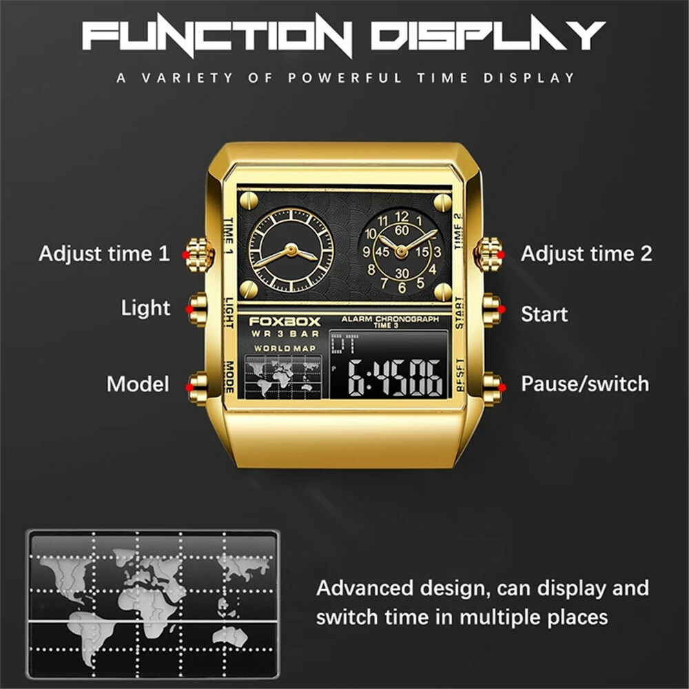 KC LIGE FOXBOX Men Rectangle Watch Steel Quartz Business Digital Wrist Watch