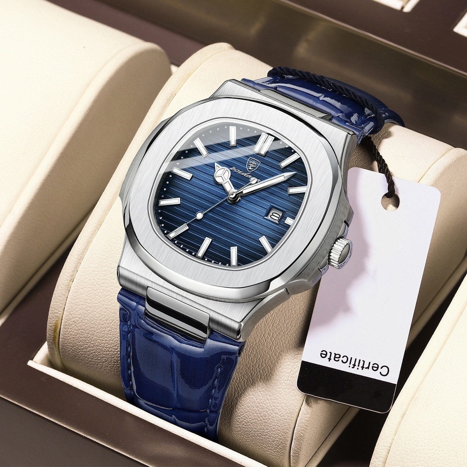 POEDAGAR Men Square Watch Textured Dial Leather Strap Luminous Waterproof Quartz