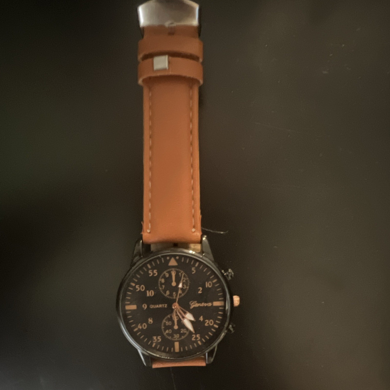 Geneva Quartz Chronograph Analog Wristwatch Black Dial Brown Leather Strap