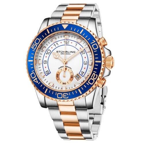 Stuhrling 3966 3 Aquadiver Quartz Chronograph Date Two Tone Mens Watch