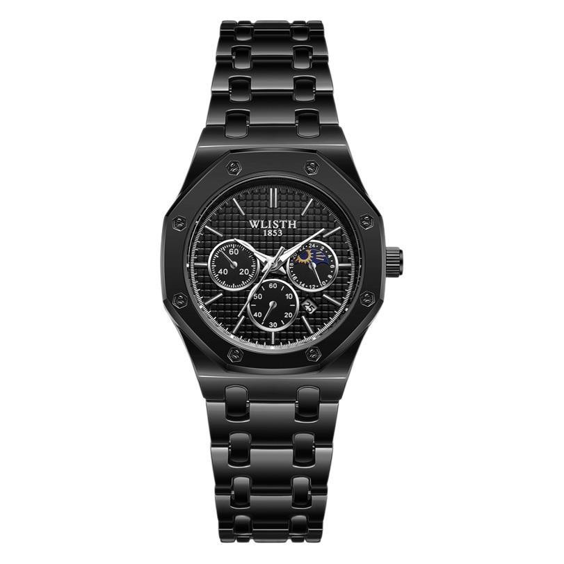 Unisex Quartz Watch Octagonal Bezel Chronograph Calendar Steel Bracelet