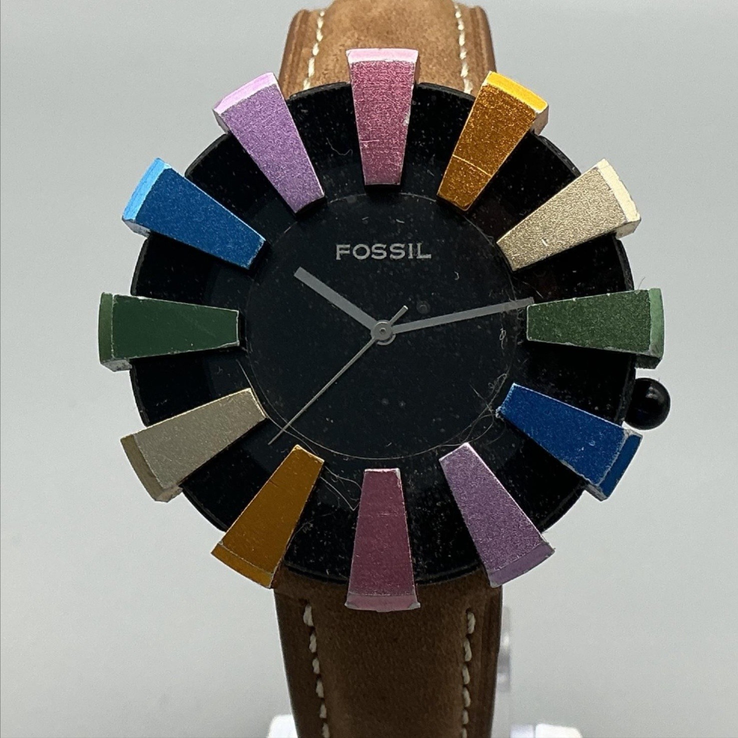 Fossil Rainbow Fan Mens Watch 41mm Black Dial Brown Leather JR-7519 New Battery