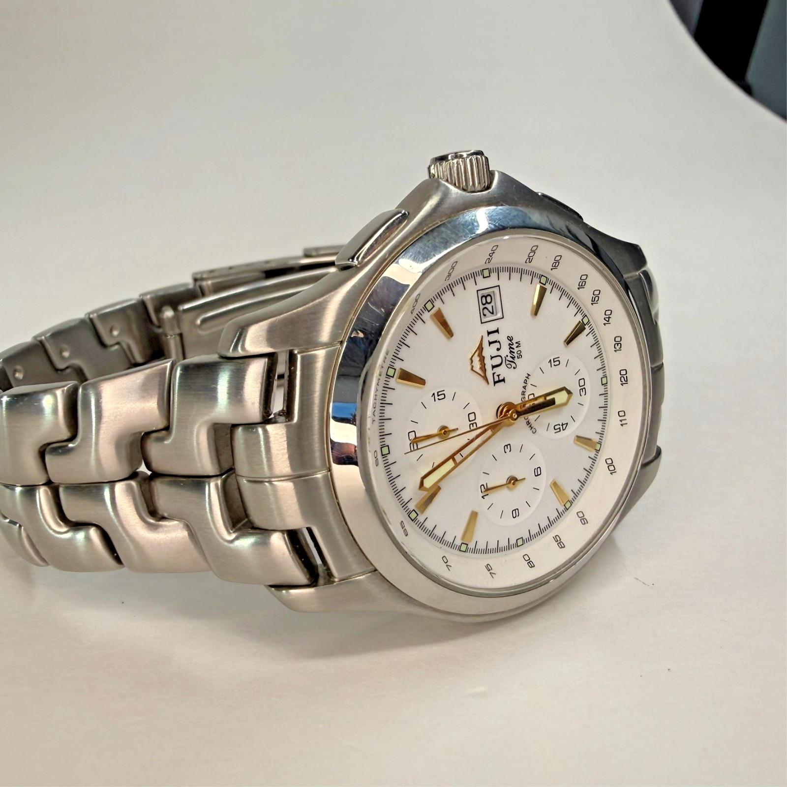 Fuji Time M2135 Chronograph Tachymetre Steel Bracelet Quartz Watch 50M
