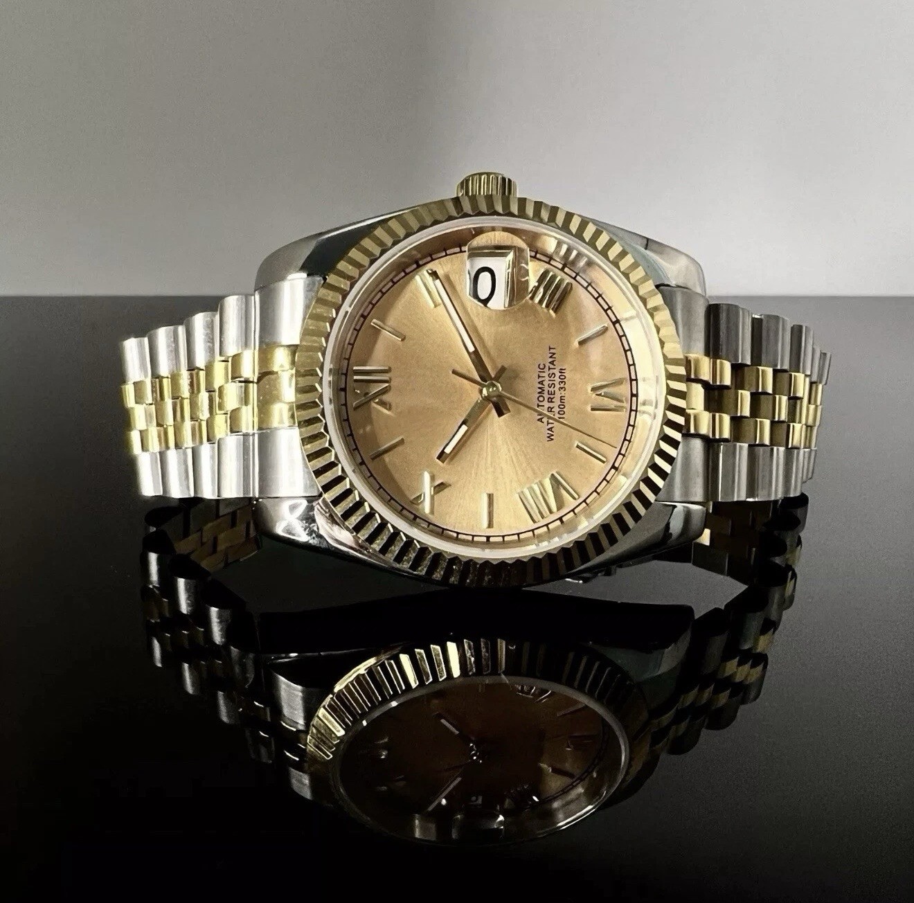 Custom 36mm Two Tone Gold DJ Champagne Dial Style Mod Watch w/ NH35 Automatic