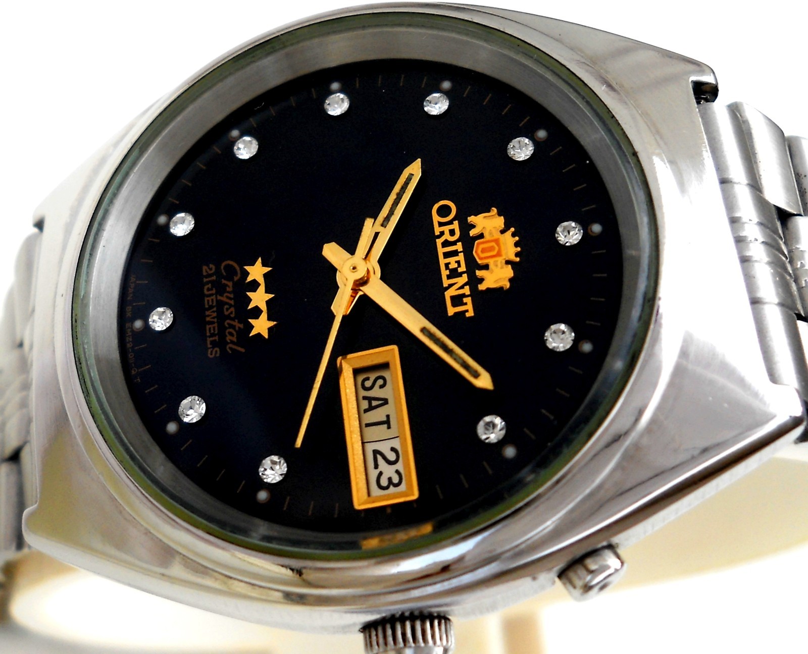 Vintage Orient 3 Star Crystal Automatic Black Blue Sunburst Dial Watch 21J Japan