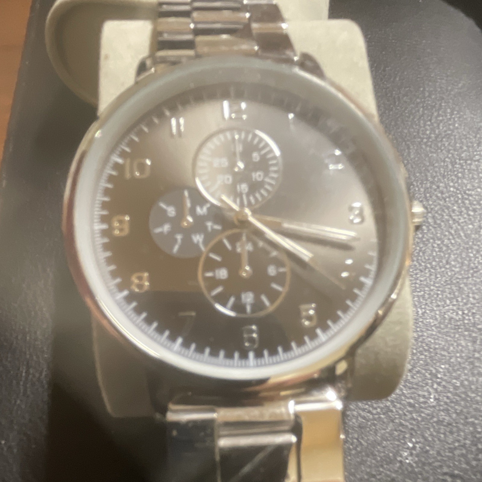Analog Multi-Dial Wristwatch Black Dial Silver Tone Metal Bracelet