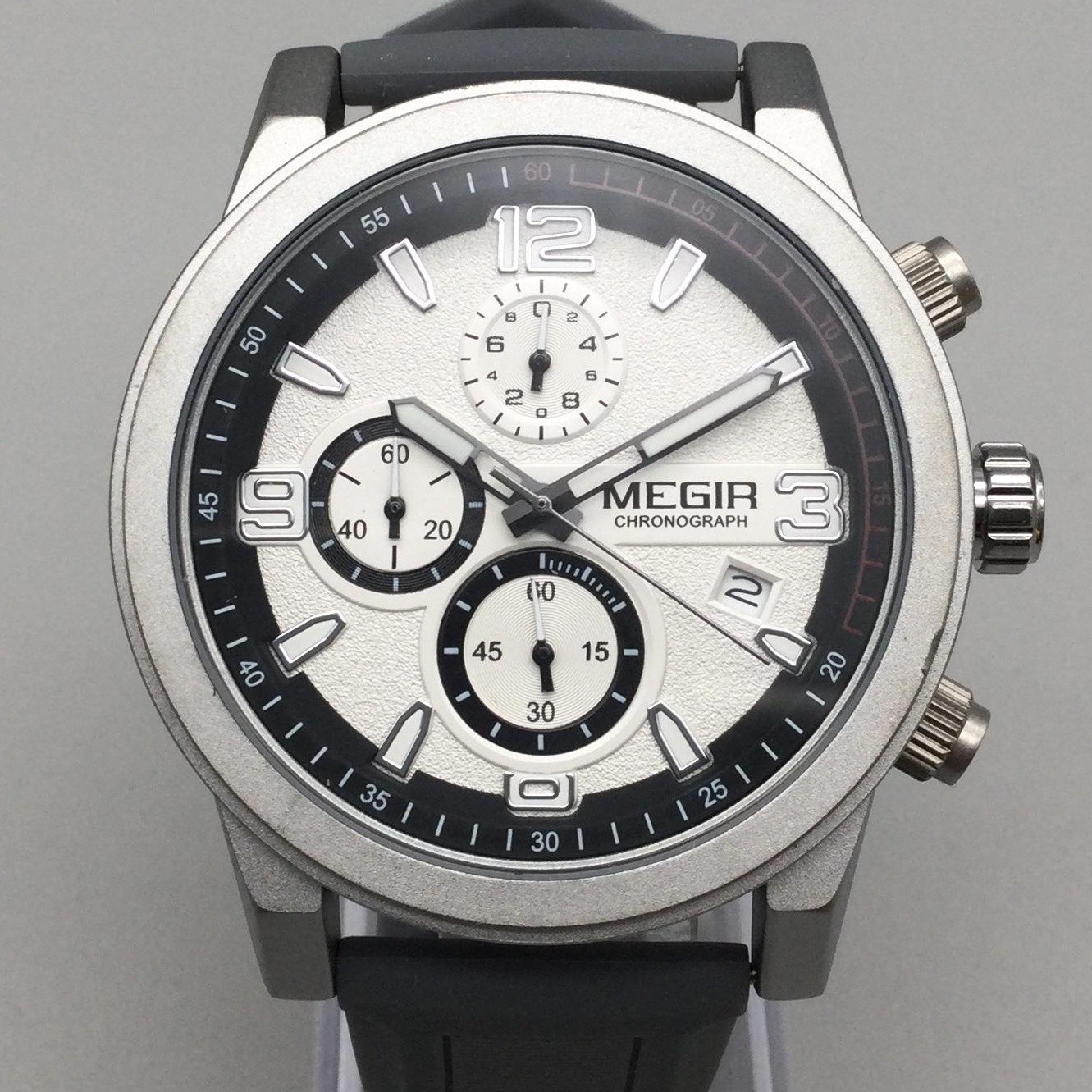 Megir Mens Watch 44mm Silver Tone Black Gray Rubber Chronograph Date M2026