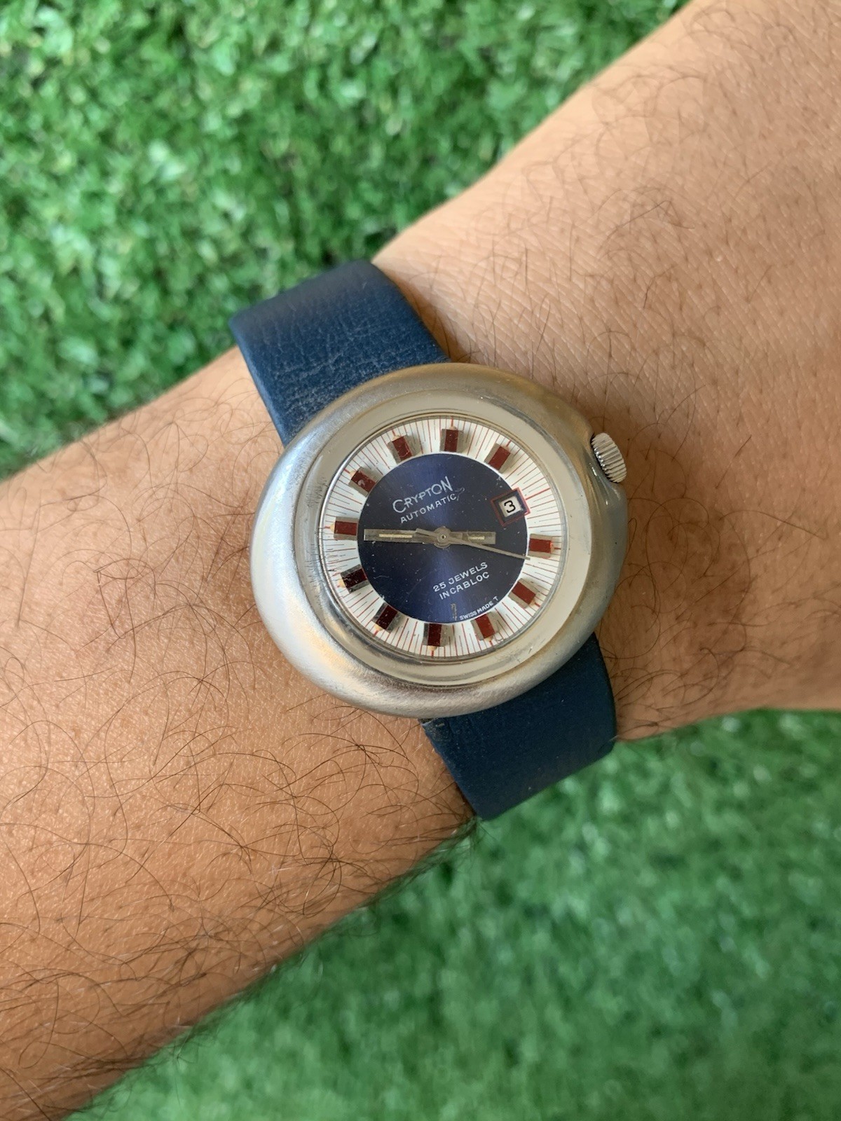 Crypton Automatic Mechanical Watch 25 Jewels Date Blue 37mm 1970s Vintage Red