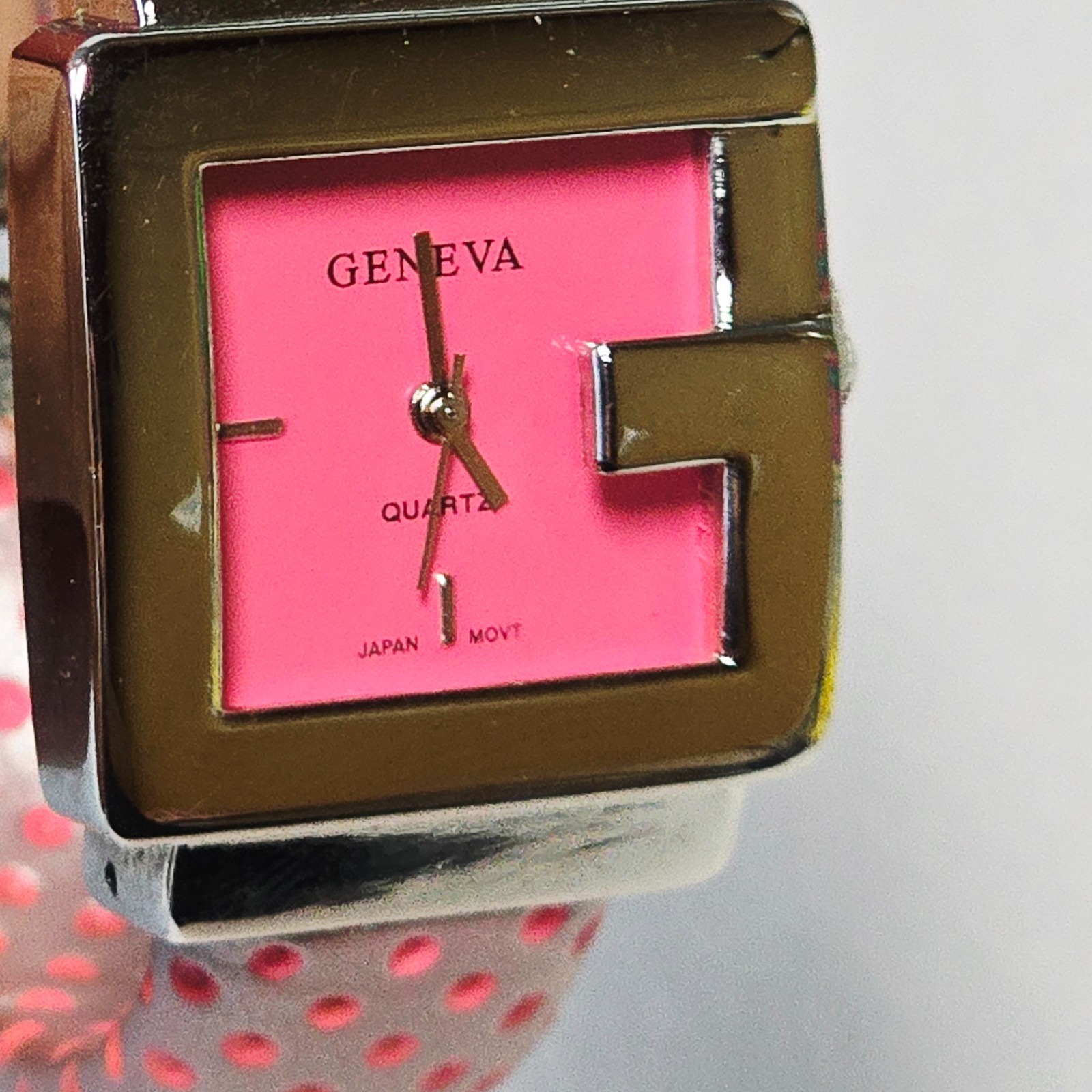 Geneva Bangle Watch Pink Polka Dot Quartz G Shape Bezel Vintage 2000s Retro
