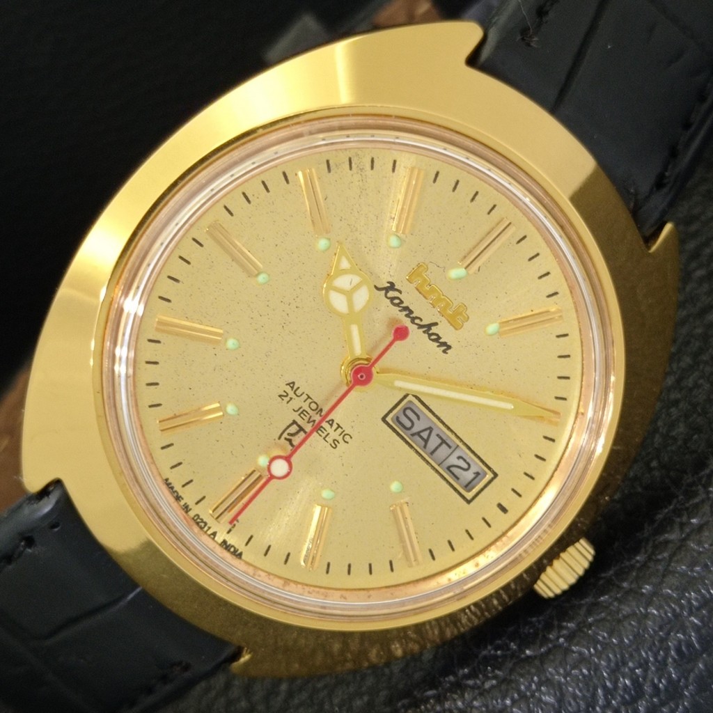 VINTAGE HMT KANCHAN 6501 AUTOMATIC INDIAN MENS GOLDEN COLOR DIAL WATCH a440939-1