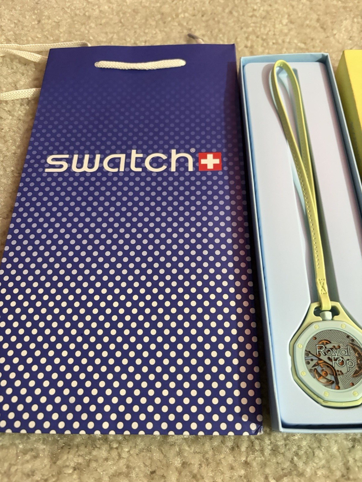 Swatch Royal Pop Quartz Analog Yellow Dial Blue Plastic Octagon Watch w/ Box