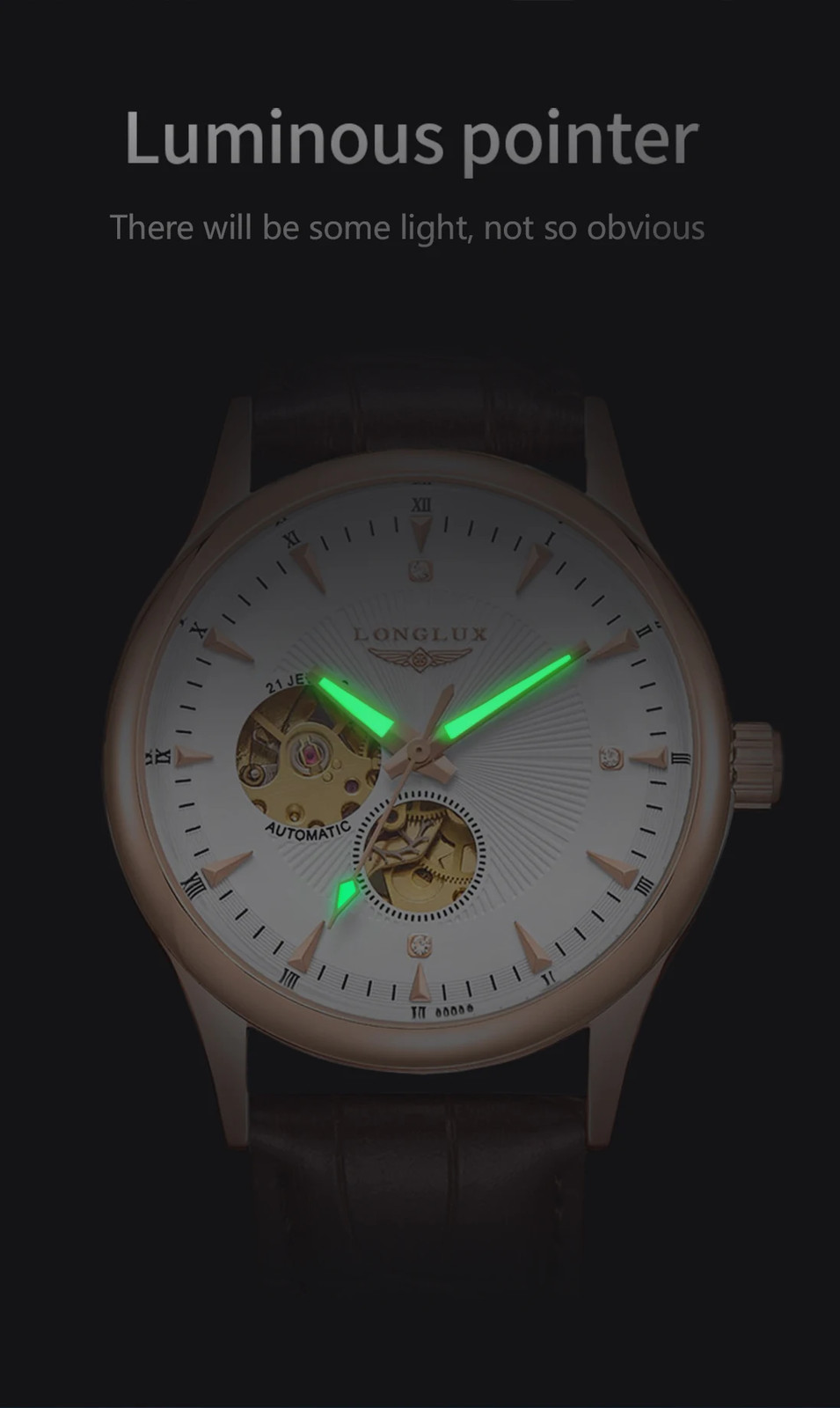 LONGLUX Men’s Automatic Skeleton Watch Roman Numerals Leather Waterproof