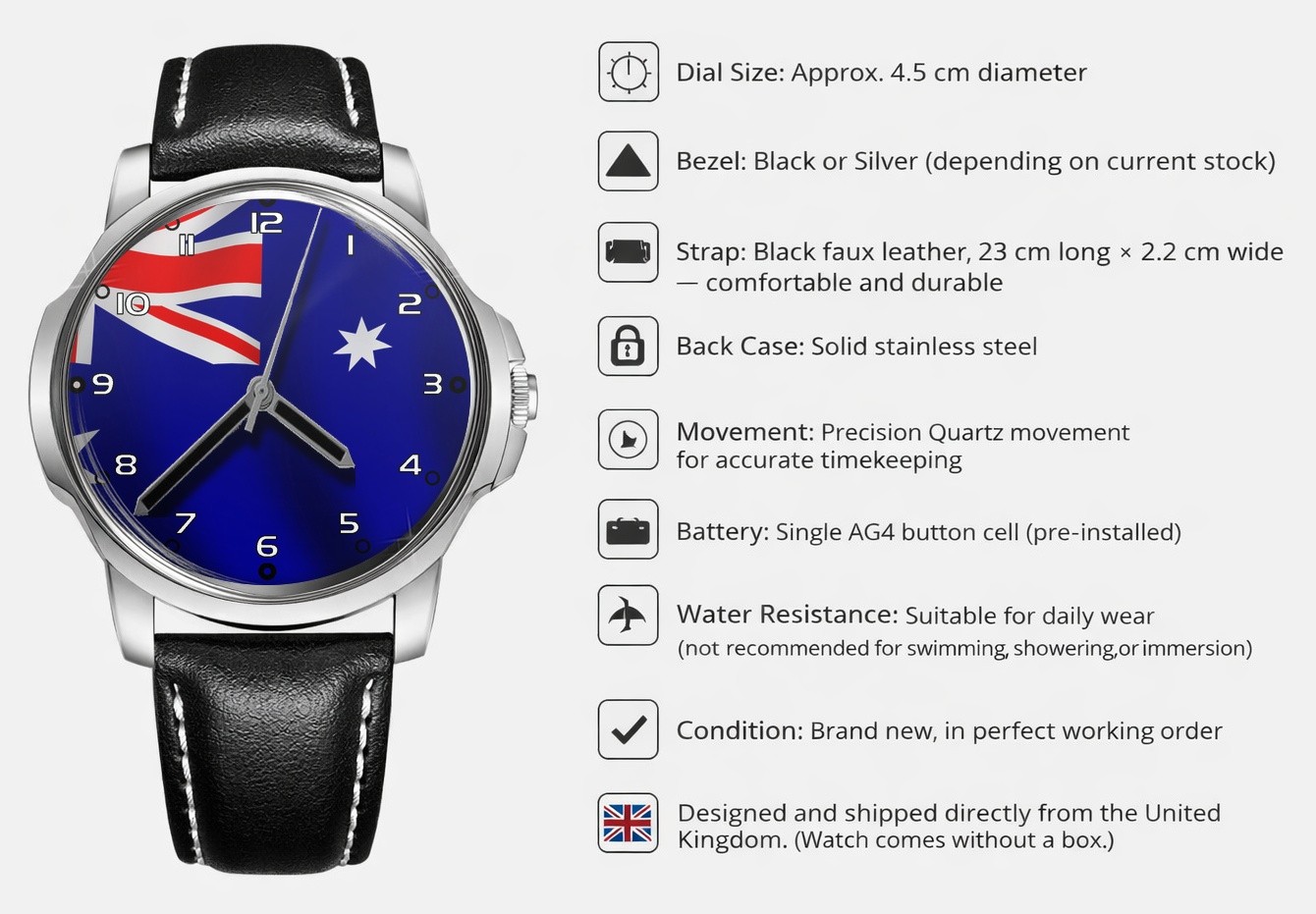 Australia Flag Collectable Leather Strap Big Dial Gift Wrist Watch