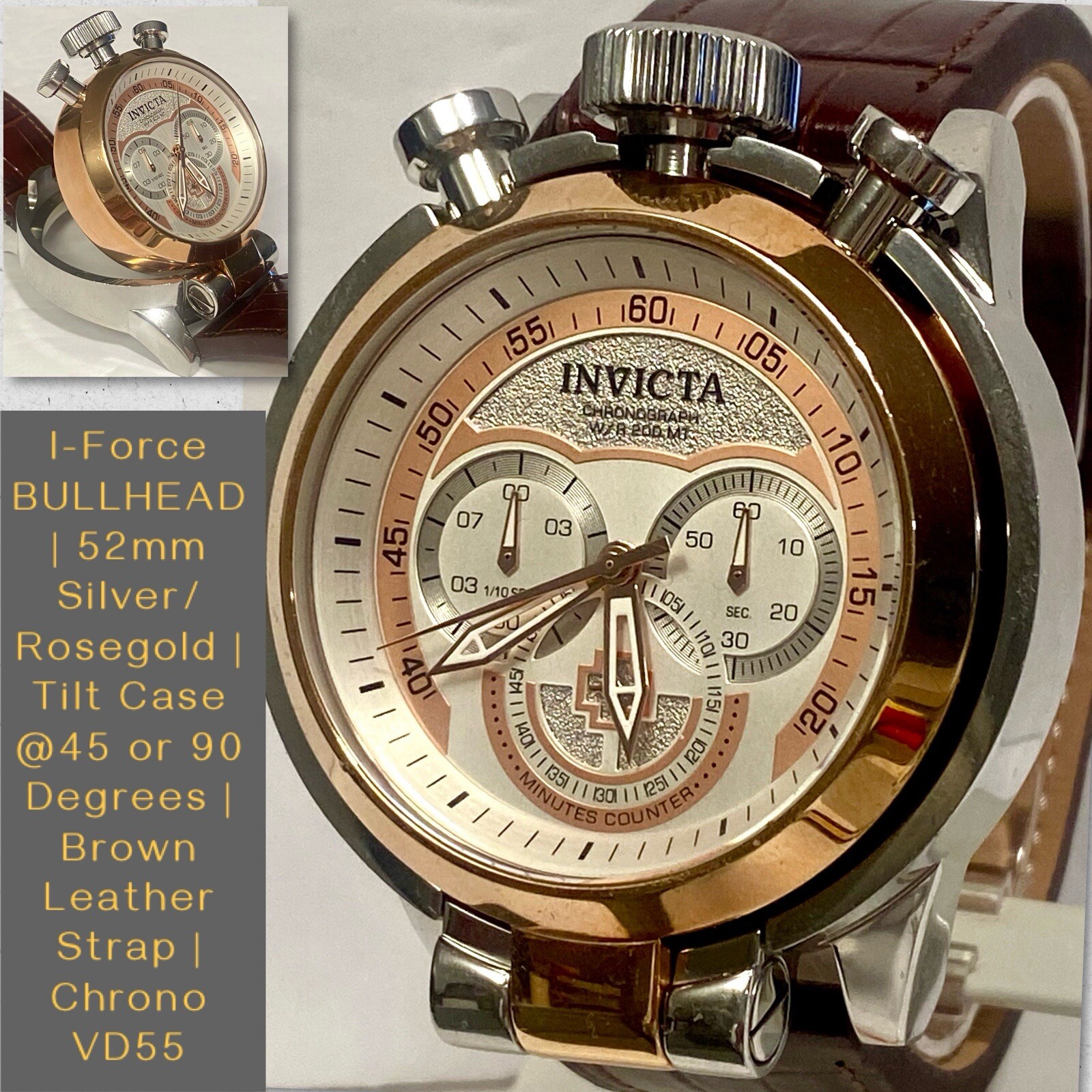 52mm I-Force BULLHEAD Tilt Case @45 & 90 Degree Slvr/Rosetn Chrono Invicta Watch