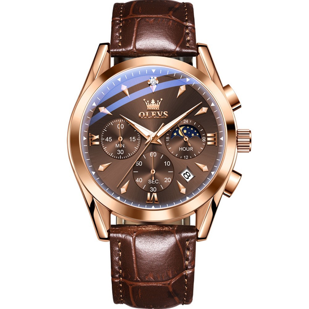 OLEVS 3609 Luminous Night Light Three Dial Japan Movement Leather Quartz Watch