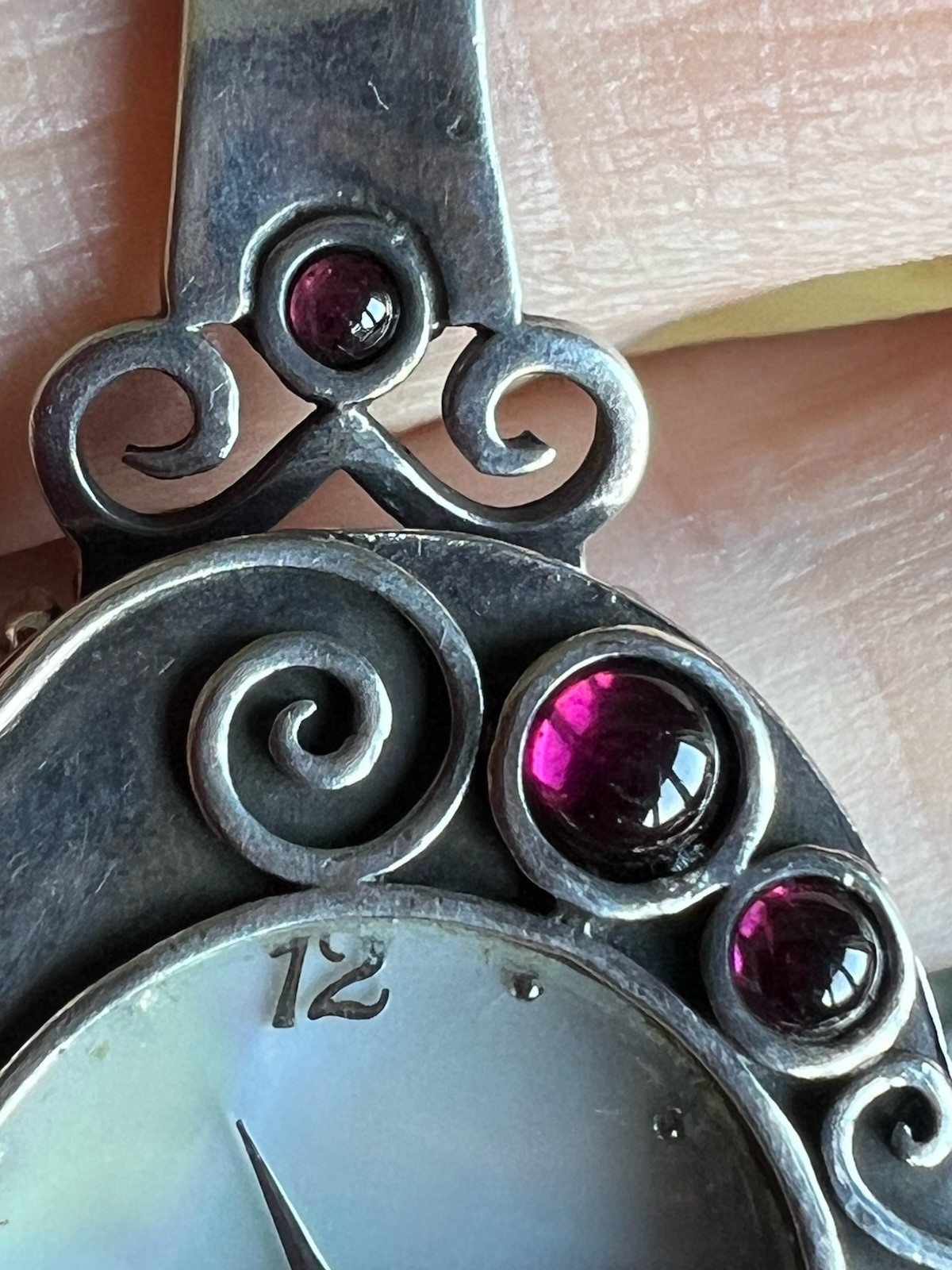 Gorgeous Or Paz Solid Silver Watch With Mother of Pearl Dial & Garnets