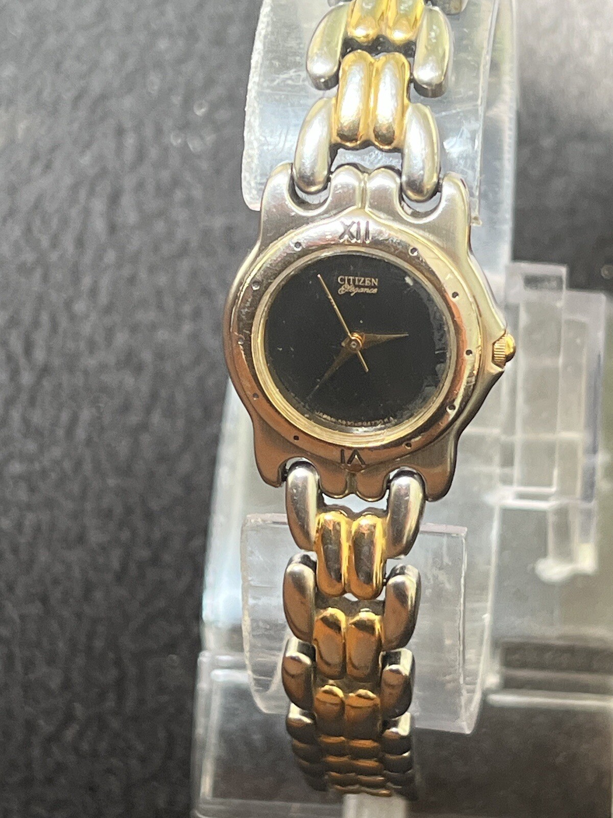 citizen elegance ladies watch, Plain Black Face Two Tone Stainless Steel Band.