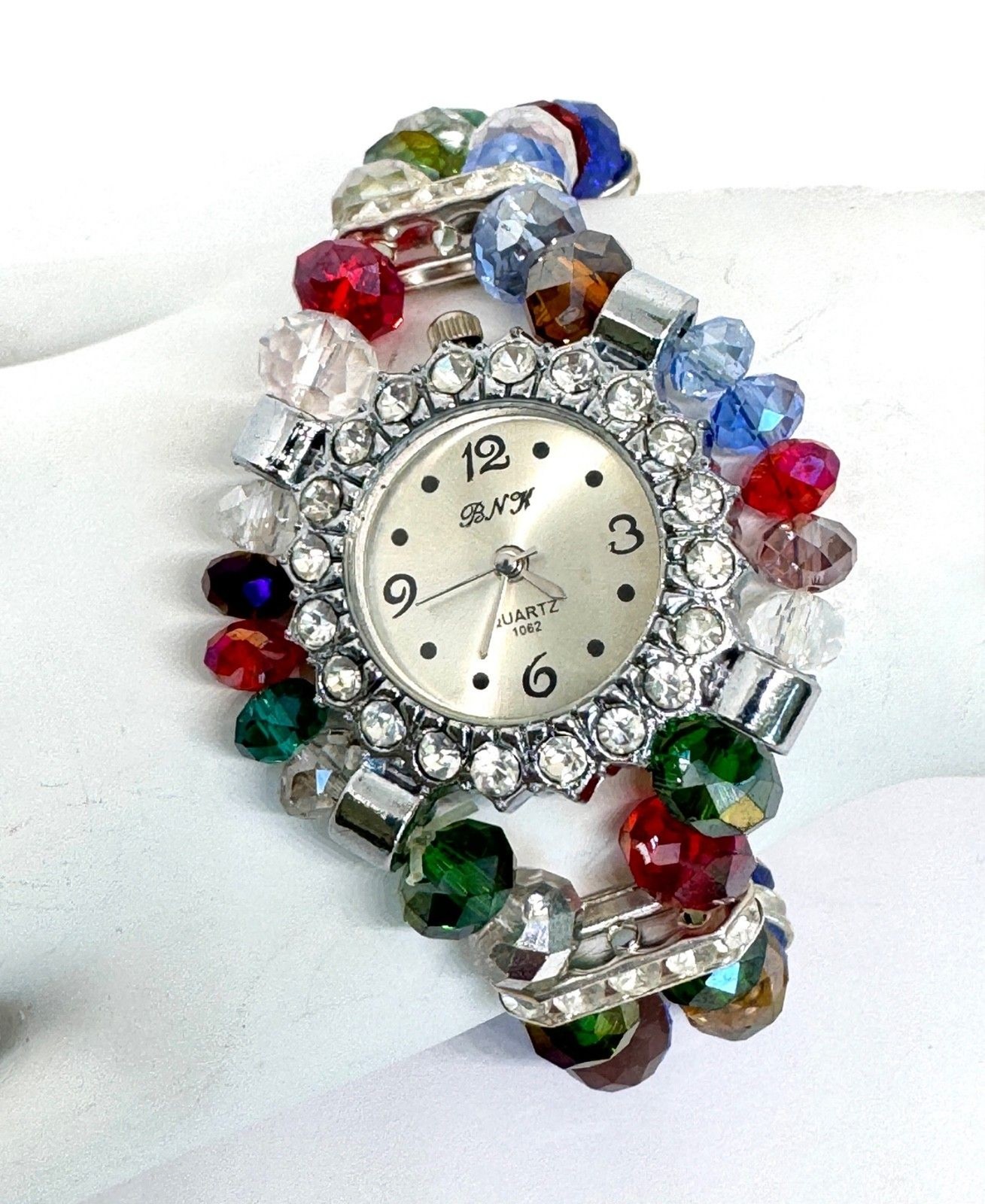 Silver & Assorted Crystal Ladies Watch Silver Face Bracelet #1174