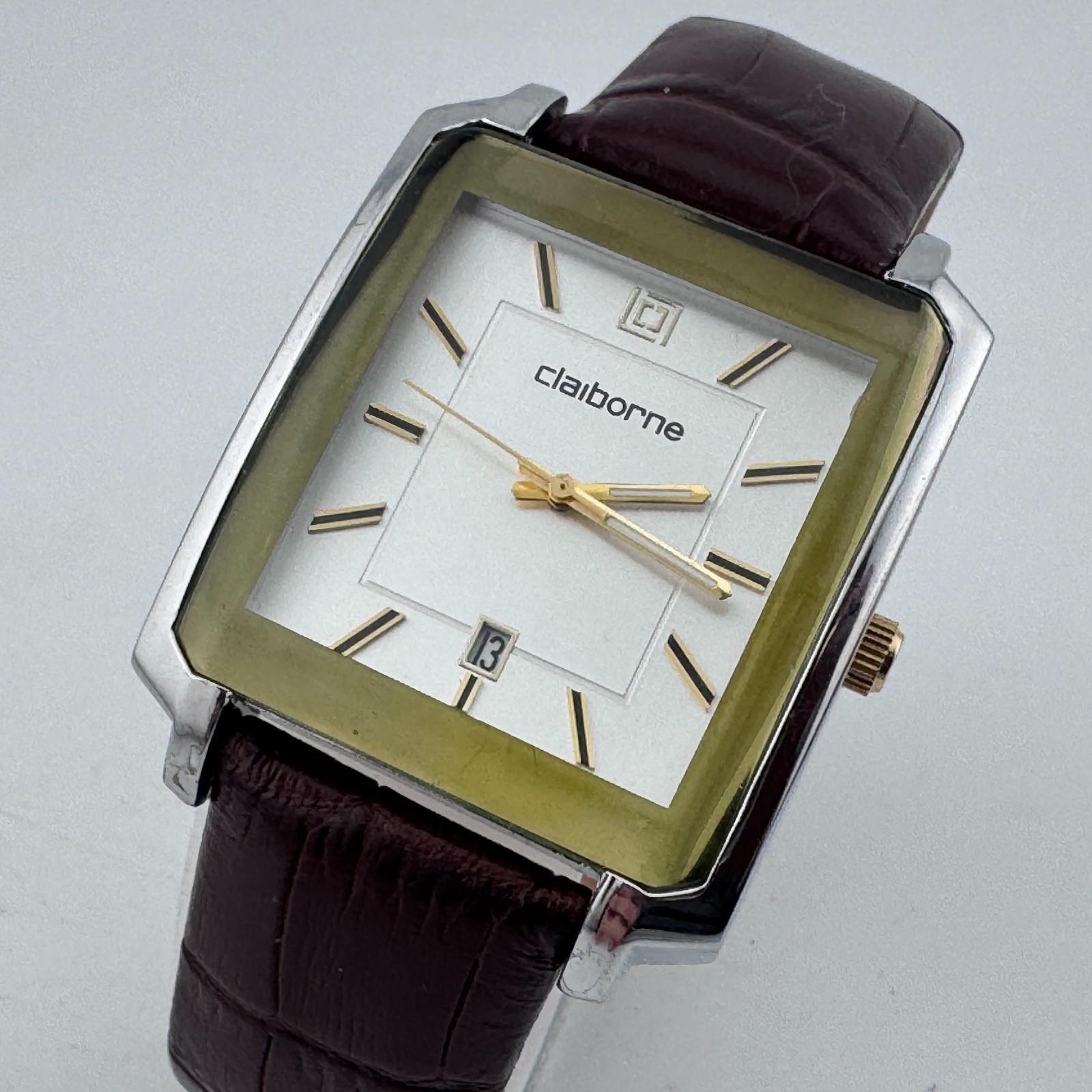 Claiborne Quartz Watch Men Silver Rectangle Date Leather Japan Analog New Batter