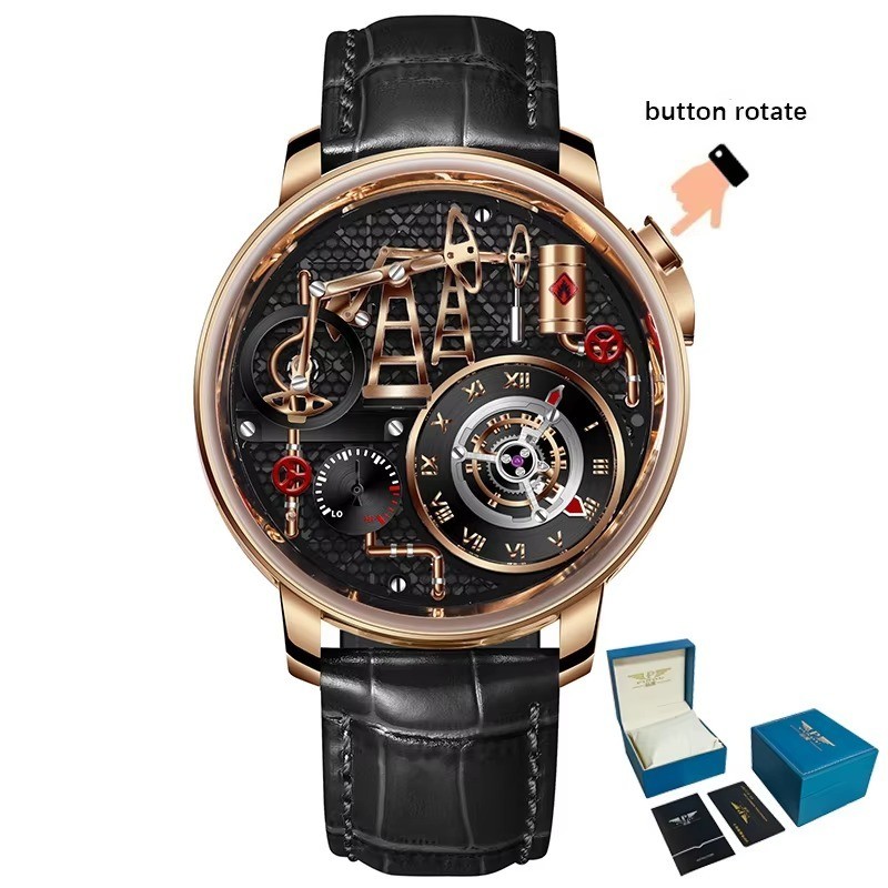 PINDU Oil Pump Quartz Watch 45mm Bobbing Pump Push Button Sapphire Leather 5Bar