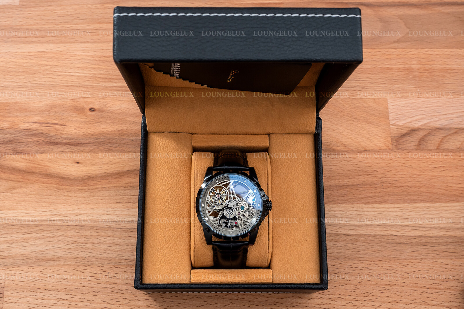 Mens Skeleton Automatic Mechanical Watch – Black Grey Dial Black Leather Strap
