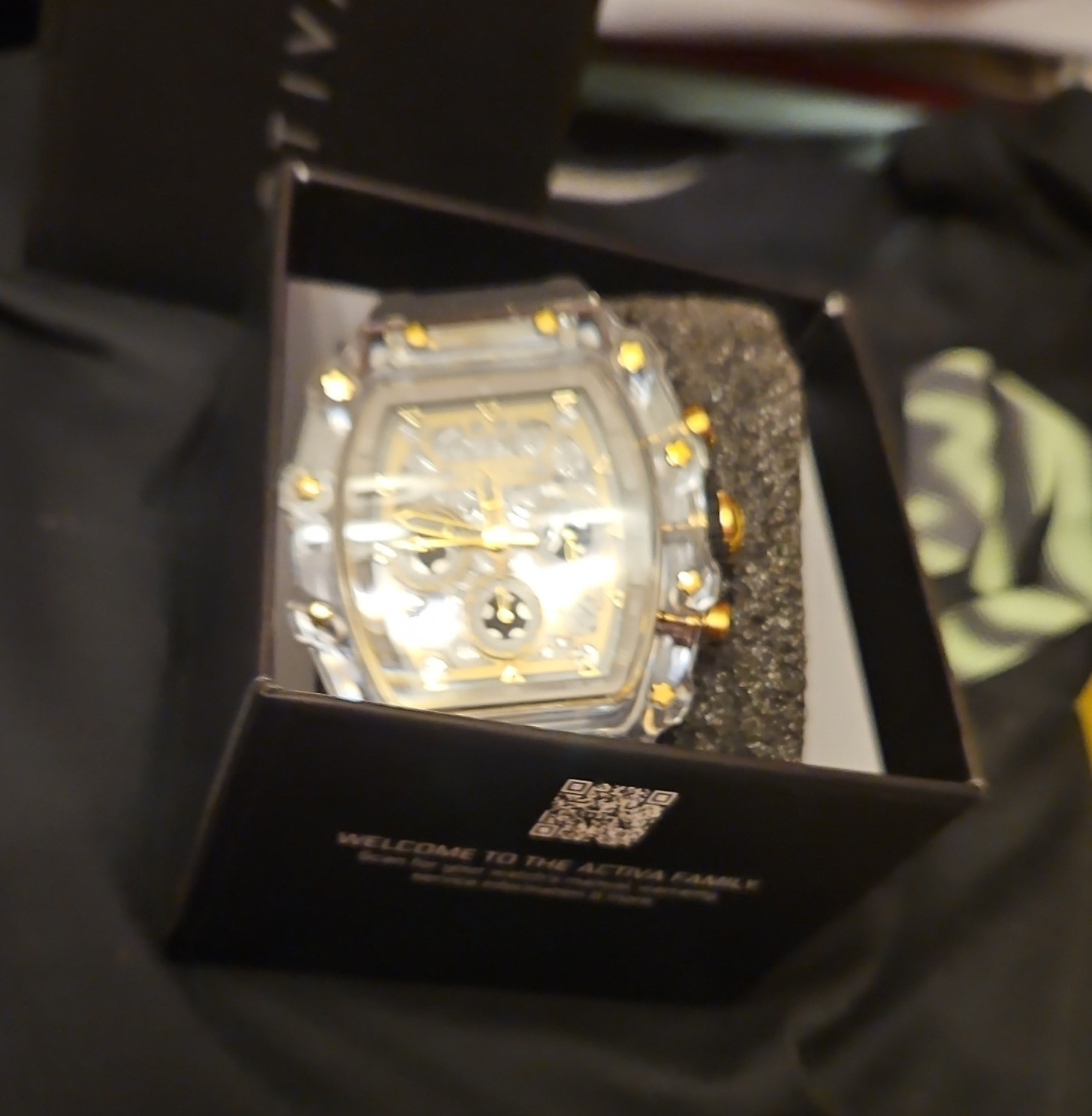 Activa Quartz Chronograph Date Tonneau Clear/Gold Case Black Rubber Strap Box