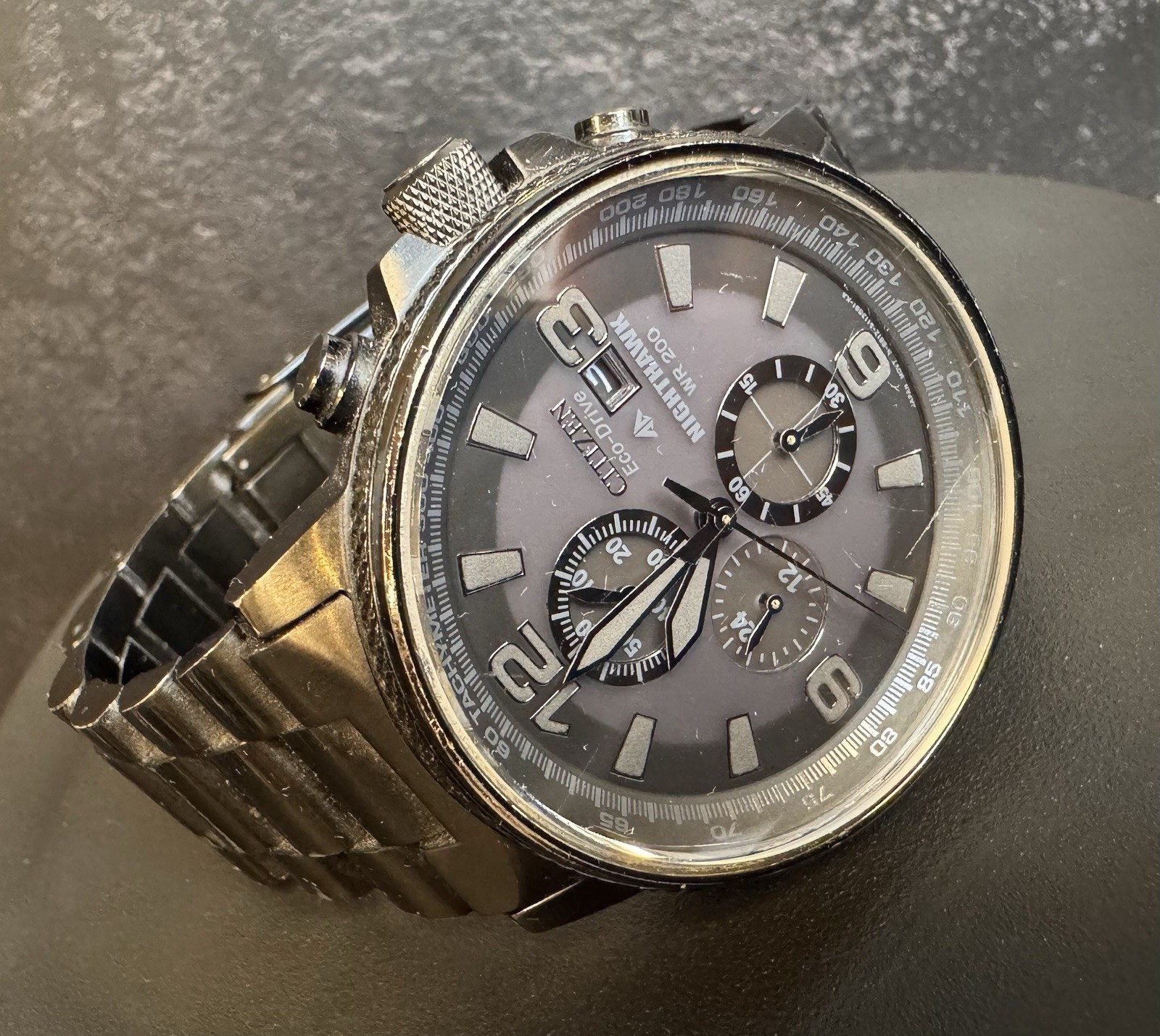 Citizen Eco-Drive Nighthawk Chronograph B612 Black Ion WR200 Men’s Watch – Runs