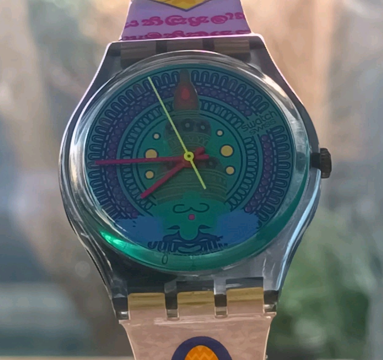SWATCH WATCH GM111 SARI 1993 COLOURFUL DESIGN WITH HINDU MOTIFS ON THE STRAP
