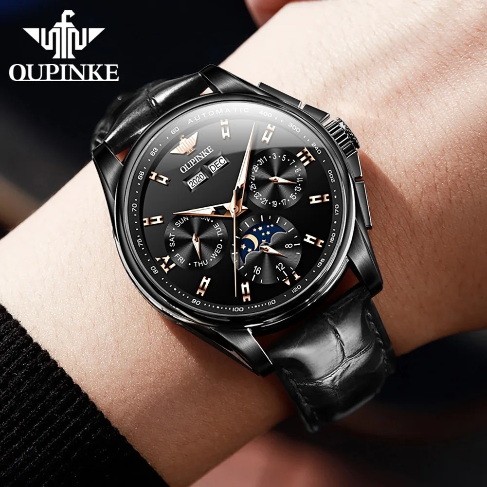 Automatic Mechanical Watch Waterproof Moon Phase Luxury Men Men’s Strap