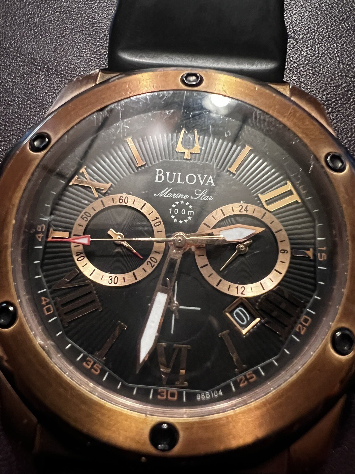 Bulova Marine Star Men’s Quartz Chronograph Black Rubber Strap Watch 44mm 98B104
