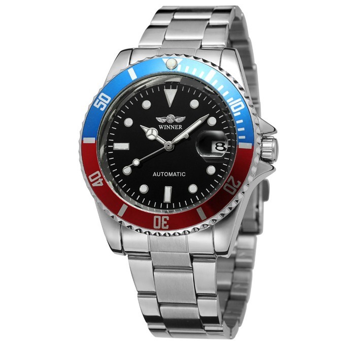 Winner Automatic Mechanical Men’s Skeleton Back Wrist Watch Date Stainless Steel