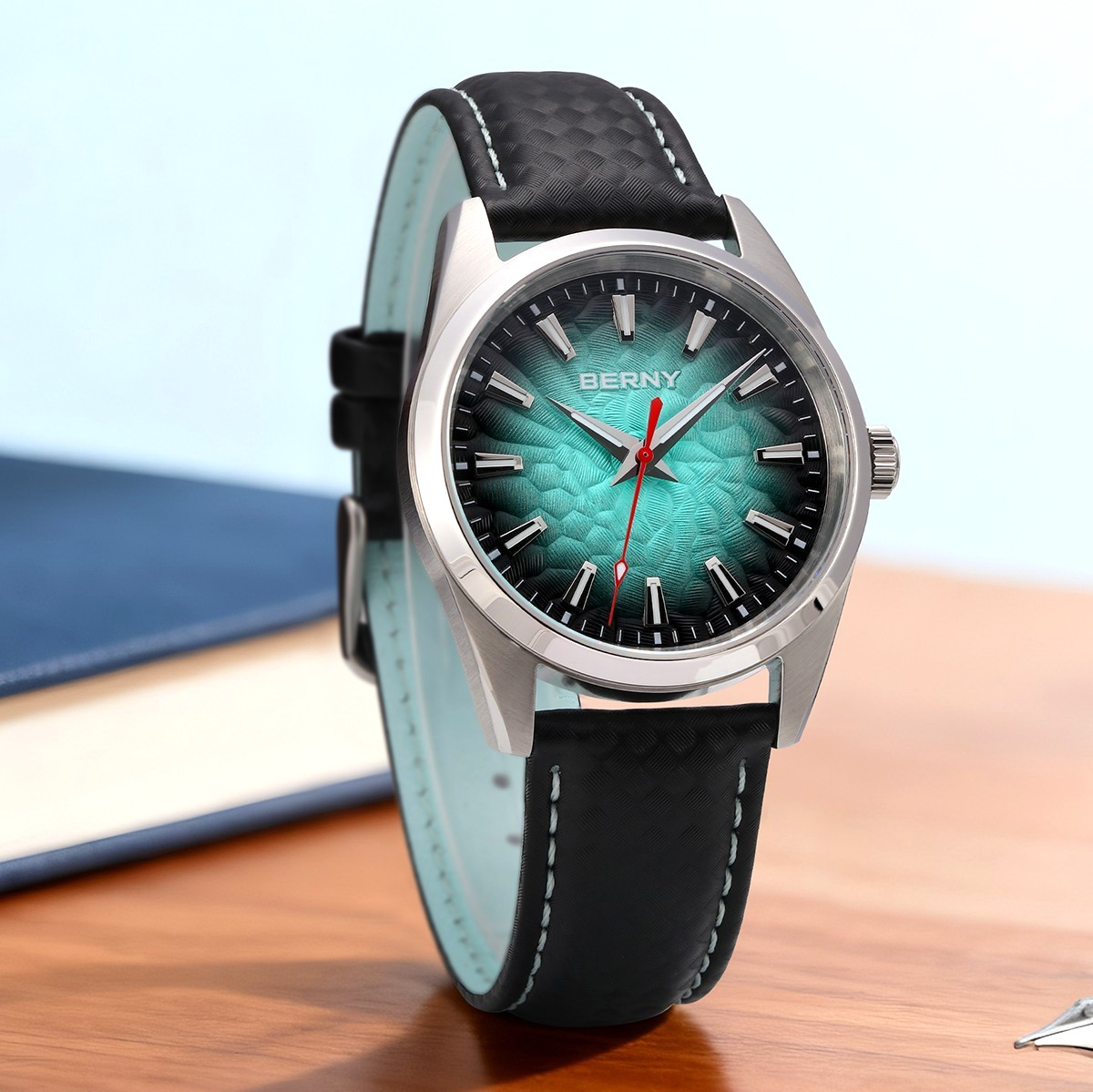 38MM BERNY Quartz Watch Men’s Luxury Sapphire 100M Waterproof Leather Gift NEW