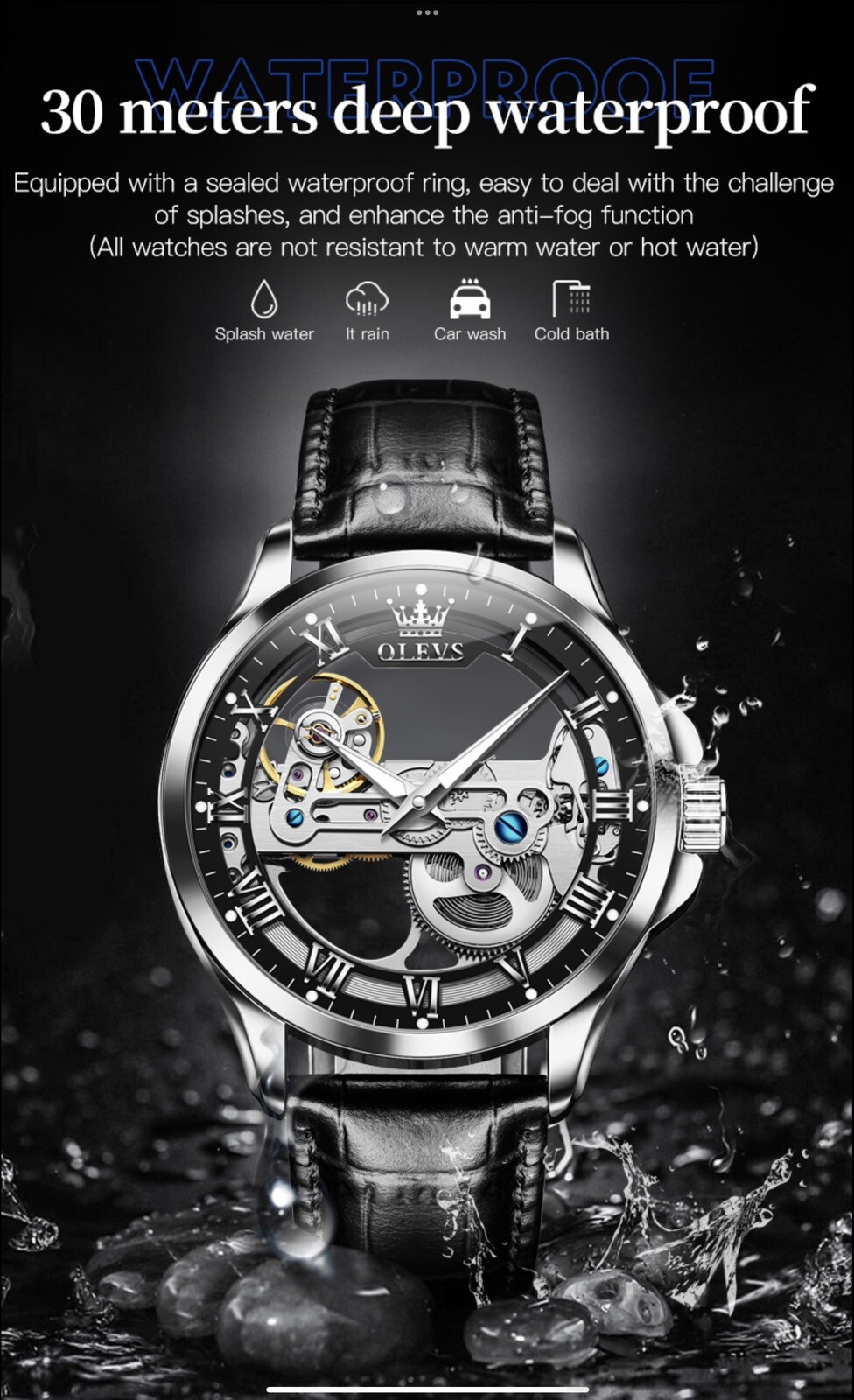 OLEVS Skeleton Watches for Men Automatic Self Winding Mechanical Luxury Leather
