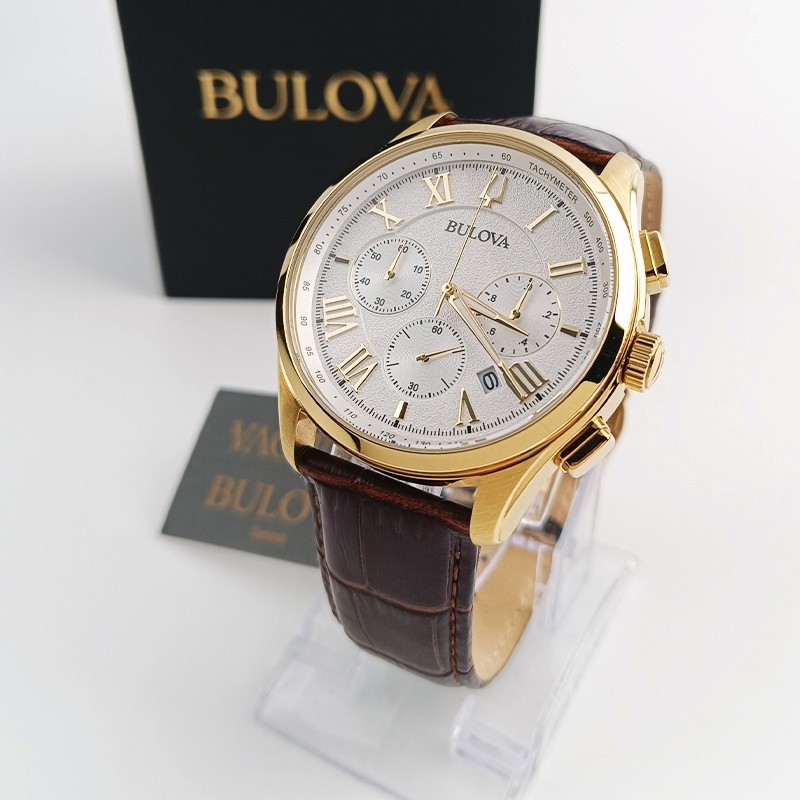 Bulova Wilton 97B169 White Dial Brown Leather Men’s Quartz Watch 46.5mm New