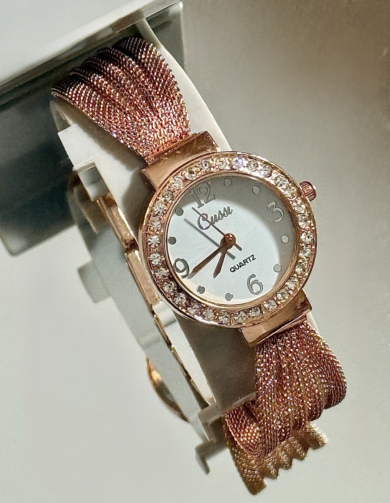 Womens Rose Gold Watch Mesh Metal Band CZ Dial New Long Life Battery