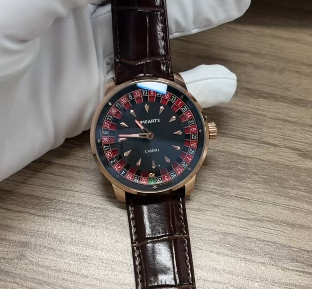 Casino Roulette Watch with Roulette Wheel That Spins. Rose Gold with Brown Strap