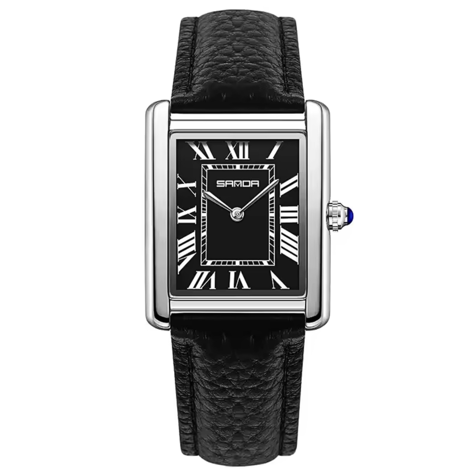 SANDA 1108M Men’s Tank Style Dress Watch Black Dial Roman Numeral Quartz Leather
